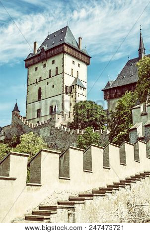 Karlstejn Is A Large Gothic Castle Founded 1348 By Charles Iv In Czech Republic. Ancient Architectur