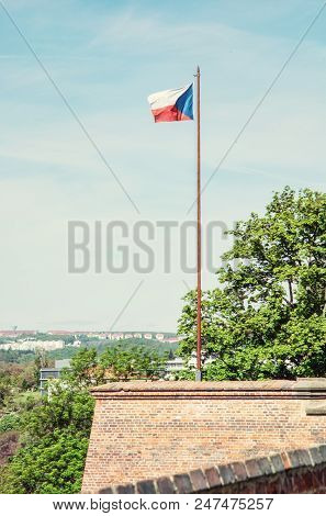 Czech Flag On The Spilberk Castle, Brno, Southern Moravia, Czech Republic. State Symbol. Retro Photo