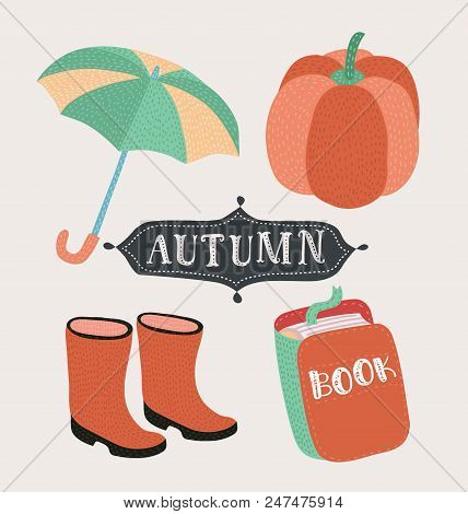 Vector Cartoon Style Set Of Autumn Mood Symbols: Opened Umbrella, Rubber Boots, Book, Pumpkin In Vin