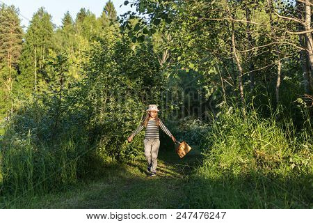 Young Girl Walking On A Path Through Green Woods Carrying A Birchbark Basket