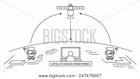 Telematic Systems. Satellite Based Monitoring. Thin Black Icons On White Background. Cargo Tracking.