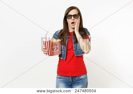 Portrait Of Young Shocked Woman In 3d Glasses Watching Movie Film, Holding Bucket Of Popcorn And Pla
