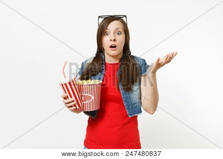 Portrait Of Young Shocked Woman In 3d Glasses Watching Movie Film, Holding Bucket Of Popcorn, Plasti