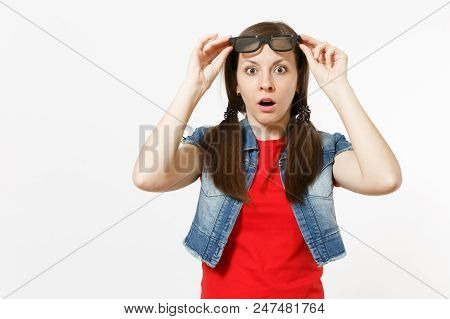 Portrait Of Young Shocked Attractive Brunette Woman With Opened Mouth In Casual Clothes Watching Mov