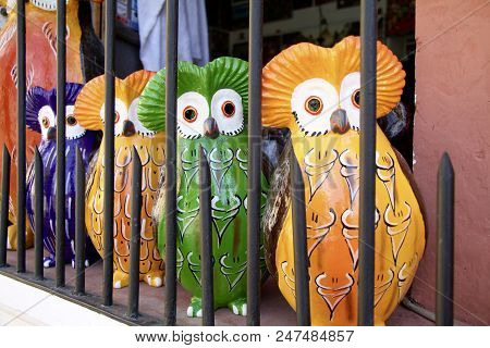 Colourful Good Luck Owls Know As Tecolote In Antigua, Guatemala