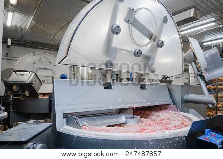 Cutter For Grinding Meat. Sausage Production Line. Process Of Sausage Manufacturing. Industrial Manu