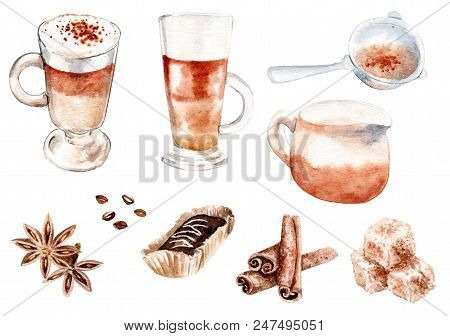 Watercolor Drawing Coffee Set. Cappuccino, Coffee, Milkman, Cinnamon, Cardamom Sweet Sugar Coffee Be