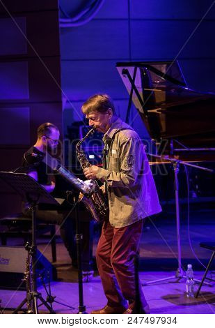 Cracow, Poland - June 29, 2018: Zbigniew Namyslowski Quintet  Live On Stage Of Manggha Museum Of Jap