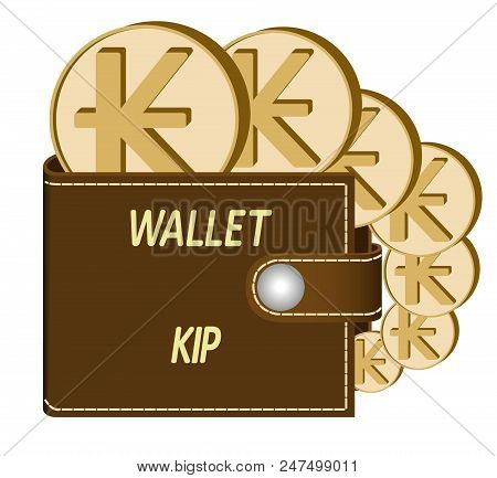 Brown  Wallet With Kip Coins On A White Background , Currency In The Wallet,sign And Symbol Currency