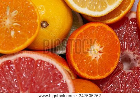 Close Up On Juicy Fresh Cut Citrus Fruits With Rose Grapefruit, Orange, Lemon And Clementines In A F
