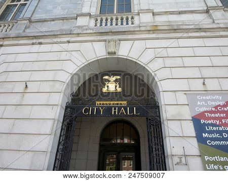 Portland, Maine - June 2, 2014: Portland City Hall Entrance, Sign, And Emblem.  The Portland City Ha