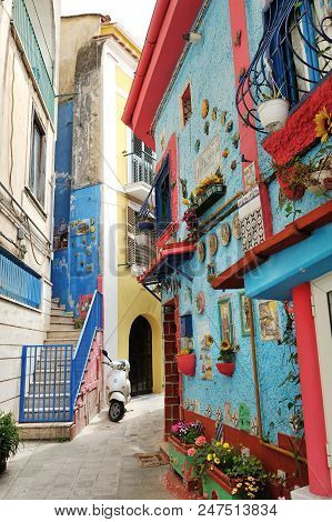 Vietri Sul Mare, Italy - April 27, 2018 View On The Narrow Street Of Colored House, With Traditional