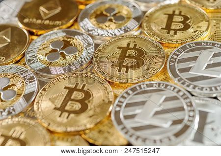 Big Stack Of Of Bitcoin, Ripple, Etherum And Litecoin Coins. Virtual Currency Concept. Luxury Rich C