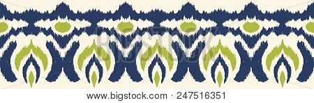Ikat Seamless Border Print. Vector Tie Dye Shibori Pattern With Stripes And Chevron. Ink Textured Ja