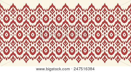 Ikat Seamless Border Print. Vector Tie Dye Shibori Pattern With Stripes And Chevron. Ink Textured Ja