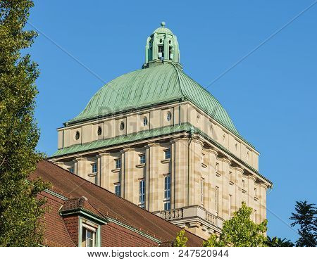 Zurich, Switzerland - June 30, 2018: Tower Of The Main Building Of The University Of Zurich. The Uni