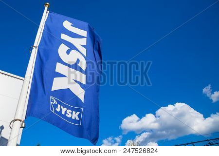 Belgrade, Serbia - June 23, 2018: Jysk Logo On A Flag On Their Local Shop Near A Belgrade Mall. Jysk