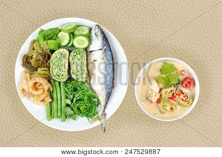 Coconut Milk And Fermented Soy Bean Sauce Call Toa Jiaw Loan In Thai And Dish Of Deep Fired Mackarel