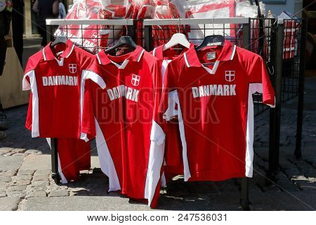 Copenhagen, Denmark - June 27, 2018: Danish Red And White Soccer Team Shirts For Sale In A Store At 