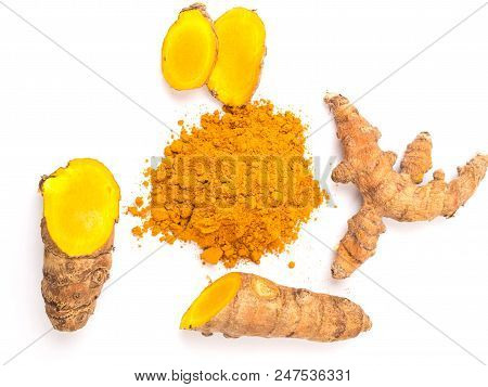 Turmeric Powder (curcuma) Isolated On White Background. Herbal