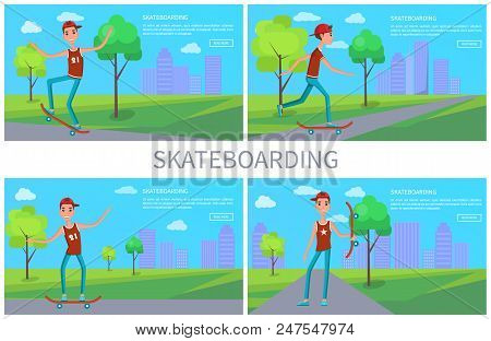 Skateboarding Vector Banner, Colorful Illustration, Cute Scape On City From Green Park, Text Sample,