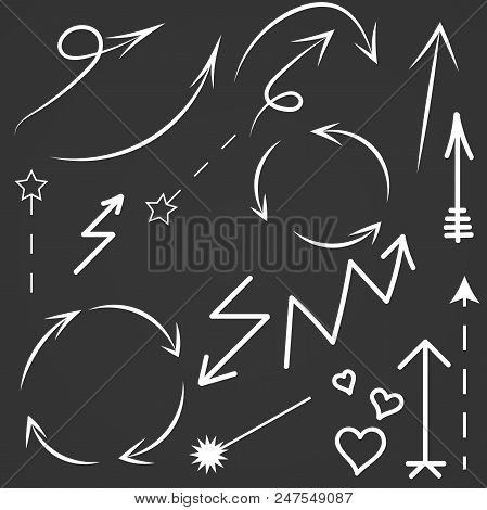 Doodle Arrows Set. Vector Hand Drawn By Pen Arrows Elements For Your Design. Sketch Arrows Isolated.