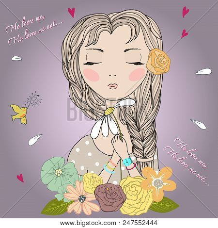 Pretty Young Girl Guesses On A Camomile. He Loves Me, He Loves Me Not. Vector