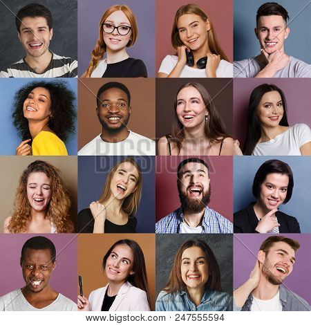 Collage Of Different Happy People. Set Of Male And Female Positive Portraits. Young People Smiling A