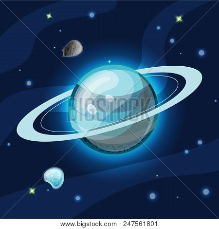 Uran, Vector Cartoon Illustration. Blue Uran Planet Of Solar System In Dark Deep Blue Space, Isolate