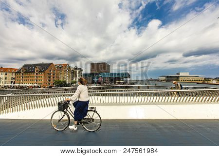 Copenhagen, Denmark - June 14, 2018: Unidentified People On Inderhavnsbroen Bridge In Copenhagen, De