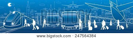 Transportation Panorama. Passengers Enter And Exit To Bus. People Get On  Train. Aviation Travel  In