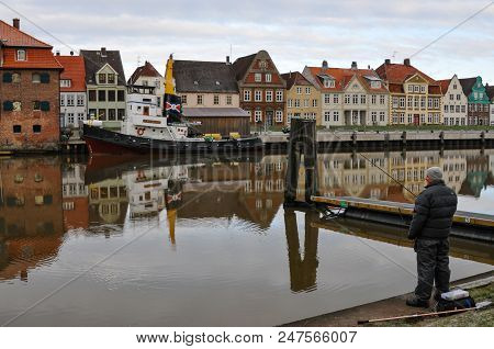 Jan 2013, Glueckstadt Germnay, Old Historic Harbor With Old Vessels And Houses