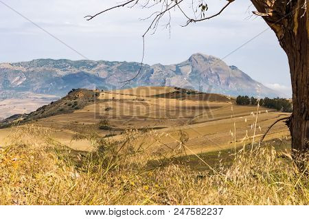 View Of The Countryside, Fields And Hills In The Region Of Vicari In Northern Sicily