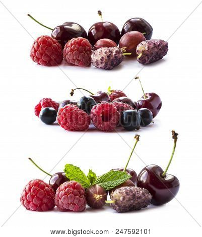 Set Of Fresh Fruits And Berries. Fruits And Berries Isolated On White Background. Ripe Currants, Ras