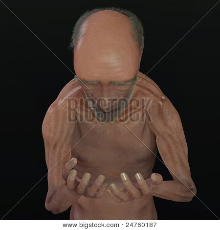 Boldy muži při pohledu na vlastní opotřebované ruce