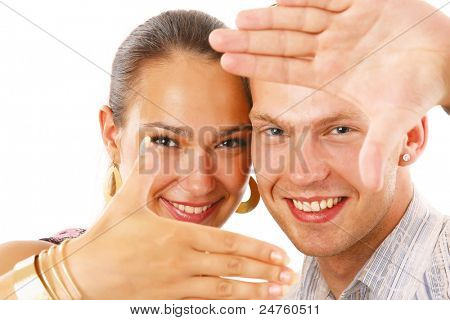 ชายเฟรมมือ gesturing แยกต่างหากบนพื้นหลังสีขาว