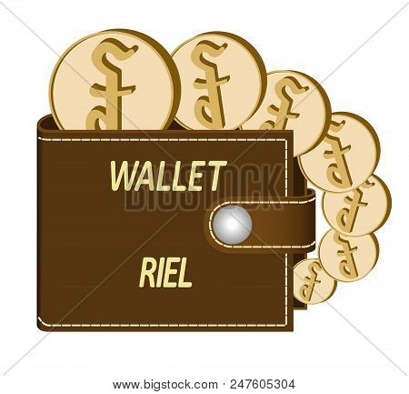 Brown  Wallet With Riel Coins On A White Background , Currency In The Wallet,sign And Symbol Currenc