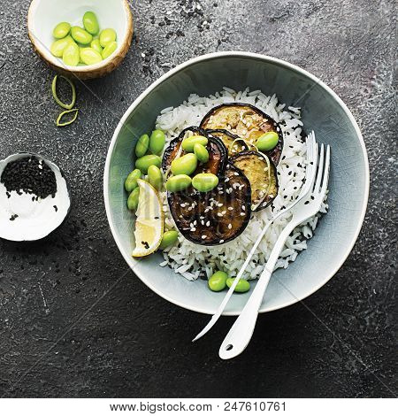 Without Meat Teriyaki Eggplant With Basmati Rice, Leek, Sesame.