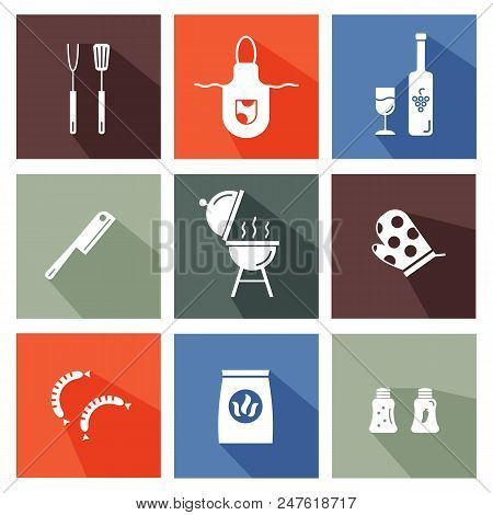 Barbeque Icons Set With Long Shadows. Grill And Barbeque Tools. Illustration Of Different Utensils A