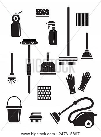 Set Of Cleaning Service Icons. Isolated Black Silhouettes. Illustration Of Different Cleaning Tools 