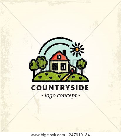 Countryside. Agricultural Logo Concept In Linear Style. Retro Texture. Ideal For Ecomarket, Vegetari