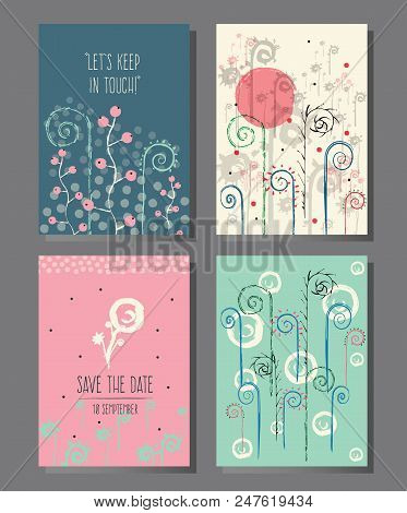 Set Of Universal Templates With Hand Drawn Herbs And Flowers. Concept For Invitations, Flyers, Poste
