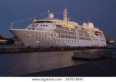 Cruise Ship In The Night. Luxury Cruise. Vacaton On Cruise Ship. Vacation Dream