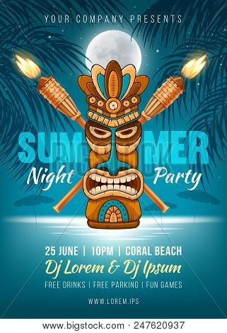 Summer Night Party Poster Design With Tiki Mask, Bamboo Torch And Silhouette Of The Palm Leaves, Ful