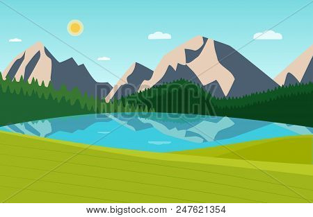 Summer Landscape With Forest, Mountains And Laker. Vector Flat Style Illustration