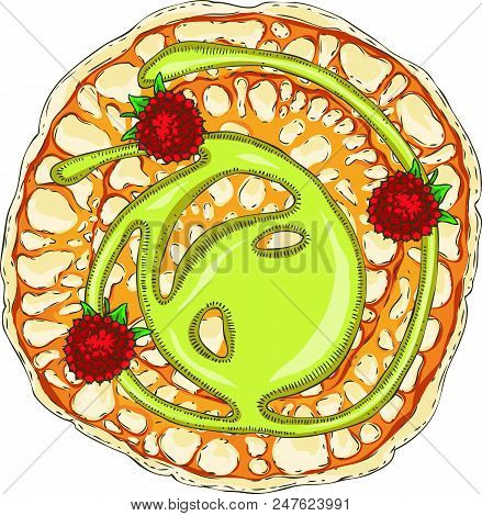 Traditional Thin Pancake With Green Cream And Raspberry. Round Shape. Isolated On A White