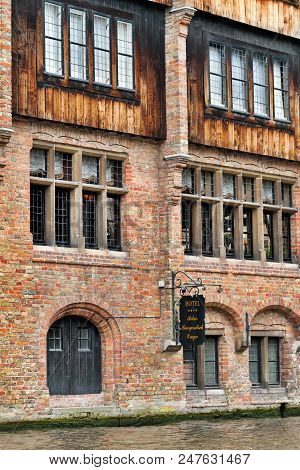 Bruges, Belgium - June 8, 2017: Facade Of Relais Bourgondisch Cruyce Hotel. A View Of Hotel From The