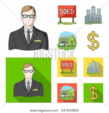 Employee Of The Agency, Sold, Metropolis, Country House. Realtor Set Collection Icons In Cartoon, Fl