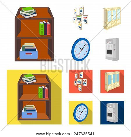 Cabinet, Shelving With Books And Documents, Frames On The Wall, Round Clocks. Office Interior Set Co