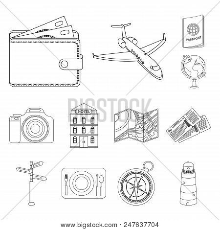 Rest And Travel Outline Icons In Set Collection For Design. Transport, Tourism Vector Symbol Stock  